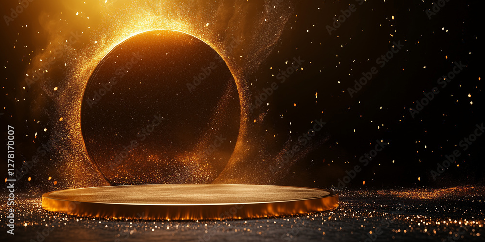 Poster abstract background with golden glowing podium and empty space for text and images, luxury backgroun