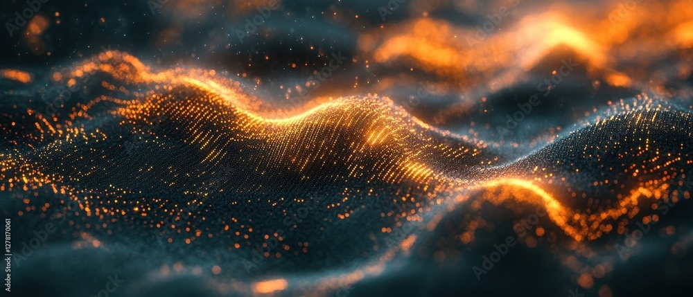 Aufkleber abstract glowing particles forming wavy landscape in dark backdrop with warm light and digital art s