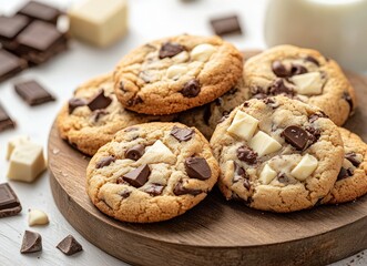 Logo photo of delicious chocolate chip cookies arranged on a rustic wooden board, perfect for dessert branding.