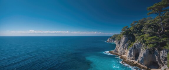 Fototapeta premium Coastal landscape with cliffs and turquoise ocean under a clear blue sky in daylight. Serenity of nature and seascape environment.