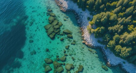 Obraz premium Aerial view of rocky shoreline with clear turquoise waters and lush green forest along the coast.