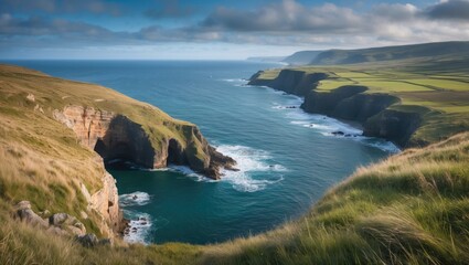 Fototapeta premium Coastal landscape with cliffs and grassy hills overlooking the ocean under a partly cloudy sky in a serene natural environment