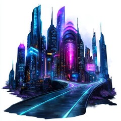 A vibrant, futuristic cityscape featuring towering skyscrapers, neon lights, and a winding road, embodying a cyberpunk aesthetic.