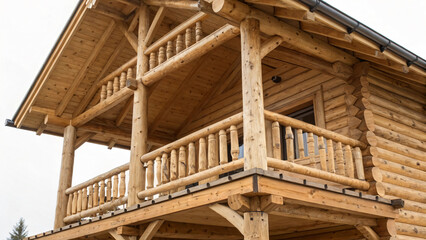 Rustic Wooden Cabin with Balconies and Natural Wood Grain in Serene Outdoor Setting