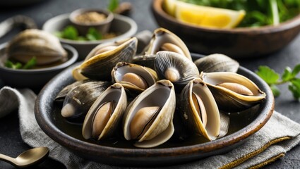 Fototapeta premium Freshly prepared clams in a dark bowl with herbs and lemon on a rustic table setting