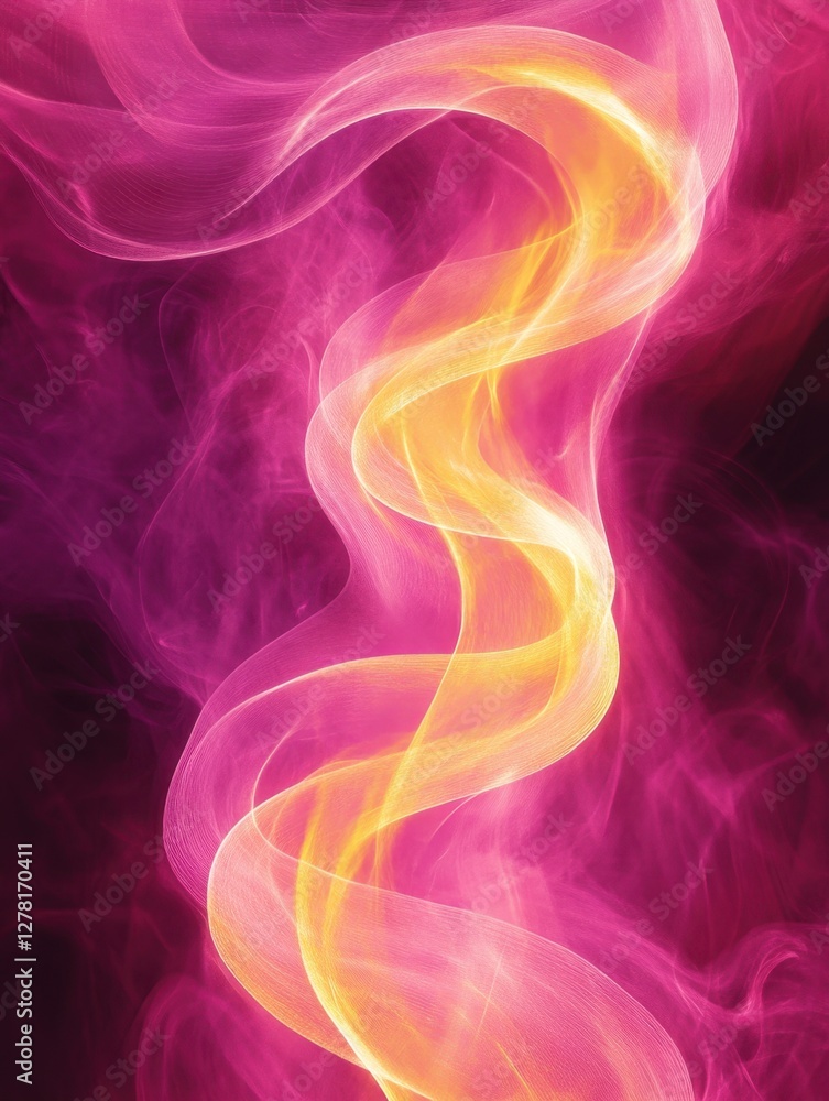 Poster abstract flowing energy spiral in pink and gold hues creating a dynamic and ethereal visual experien