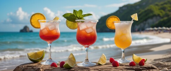 Colorful tropical cocktails on a beachside table with fresh fruit garnishes under a sunny sky and ocean background.