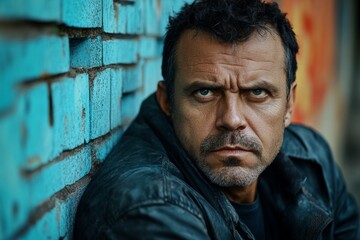 Fototapeta premium Intense expression of a man in a leather jacket leaning against a weathered blue wall while gazing directly at the viewer