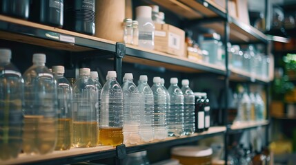 Bottles of Water and Liquid Products on Shelves in Modern Warehouse Environment Showcasing Waste Management Solutions