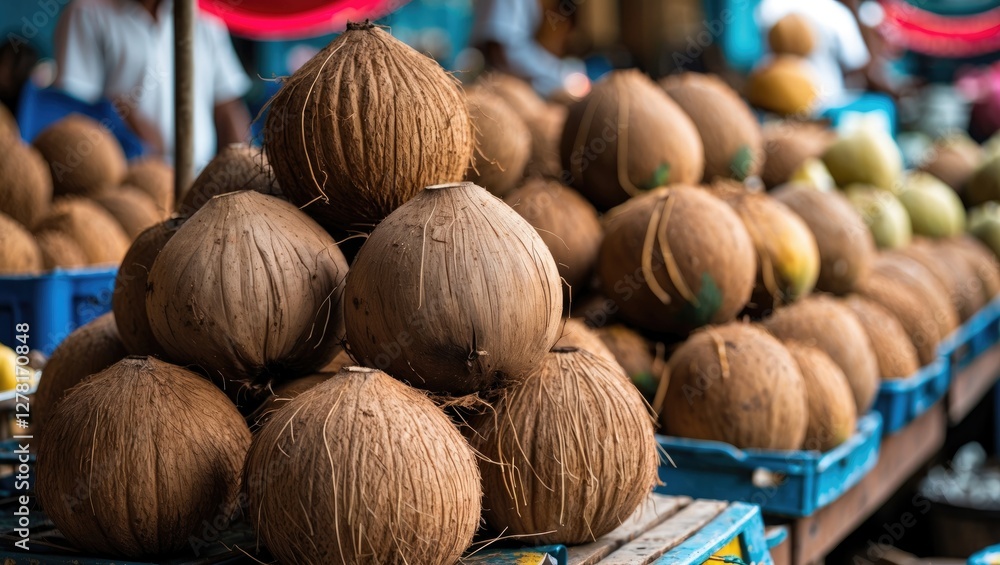 Poster coconuts stacked in baskets at a local market with blurred background of vendors and shoppers in a t