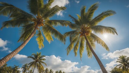 Fototapeta premium Tropical landscape with tall palm trees against a clear blue sky and sun shining through foliage in a serene outdoor setting