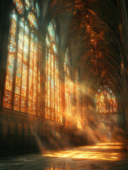Sunlight illuminates stained glass in historic cathedral