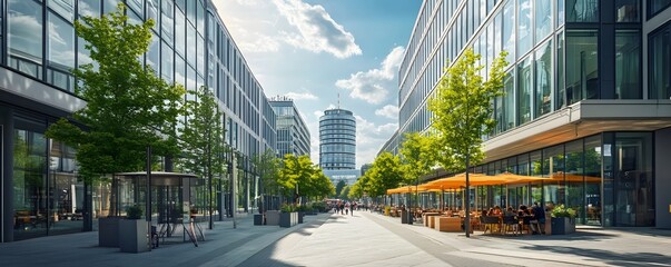 A street-side view of Berlin Business District with modern office towers and outdoor cafes, showcasing the district’s lively business environment
