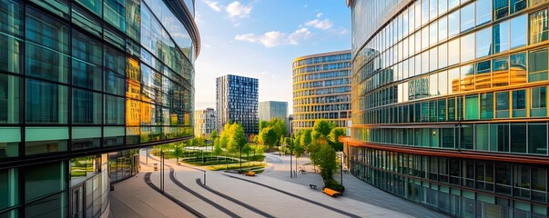The futuristic design of Berlin Business District, featuring innovative buildings, green spaces, and advanced public transport systems