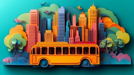 Stylized paper cut city bus, symbolizing urban commuting with clean lines and vibrant colors, capturing the essence of city life.