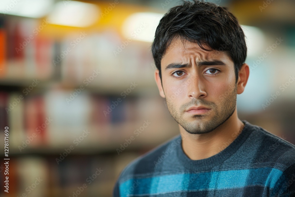Poster young man with a concerned expression in a library setting surrounded by books
