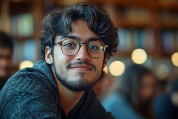 Fototapeta premium Young man with glasses smiling at a library during a quiet afternoon study session