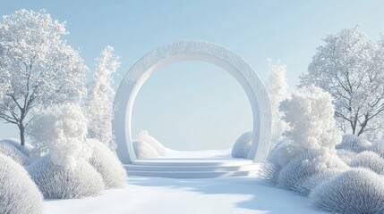91.Abstract winter scene with geometrical forms, arch with a podium in natural light. minimal background. surreal background. 3D render