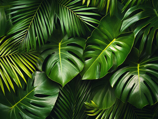 Lush green tropical leaves in a vibrant arrangement