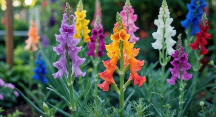 Obraz premium Colorful snapdragon flowers in a vibrant garden setting with various shades including purple, pink, orange, yellow, and white.