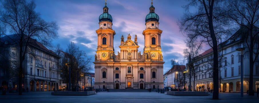 The elegant St. Peter’s Church in Munich, towering over the city with its twin spires and baroque architecture - Powered by Adobe