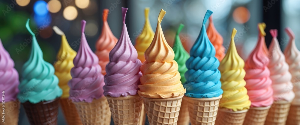 Poster colorful ice cream soft serve in waffle cones arranged in a row with blurred background bokeh lights