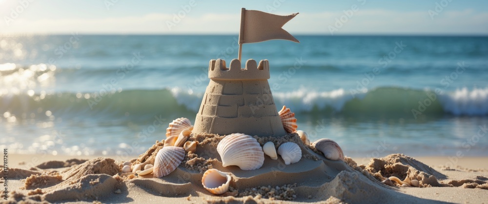 Poster sandcastle with shell decorations and a flag on a beach with ocean waves in the background during da