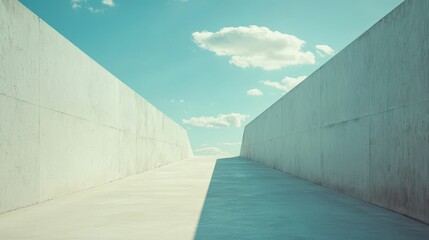 Obraz premium Serene Pathway Between Concrete Walls Under Bright Blue Sky