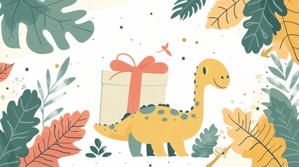 Seamless Cute Dinosaur and Leaves Pattern