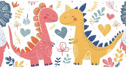 Repeating Pattern with Adorable Dinosaurs In Love