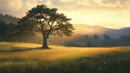 Lonely tree standing on a meadow at sunset. Concept of nature, peace, and tranquility