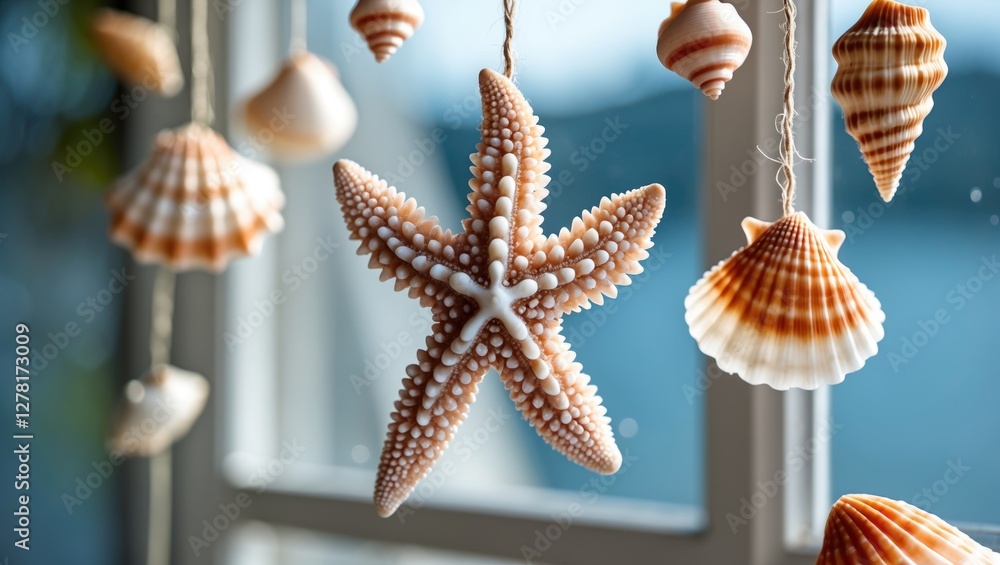 Aufkleber starfish and seashells hanging by strings in a bright indoor setting with natural light illuminating