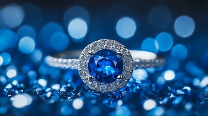 Sapphire ring with a halo of small diamonds on blue lights background