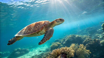 Obraz premium A close-up shot of a sea turtle gliding through the clear waters of the Gulf of America, with coral reefs in the background and sunlight filtering through the water