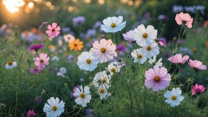 Obraz premium Colorful cosmos flowers blooming in a garden at sunset with soft natural light and vibrant floral colors