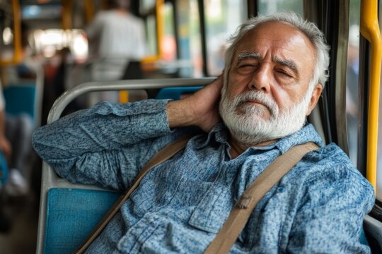 Elderly man relaxing on a city bus during the afternoon commute while experiencing a moment of tranquility