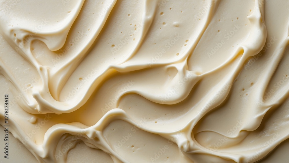 Poster close-up texture of smooth cream or frosting with soft waves and ripples in a light beige color.