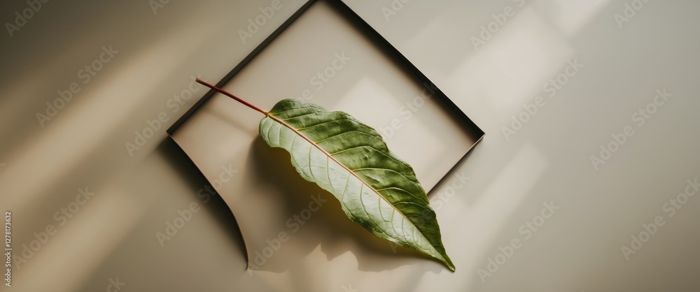Poster green leaf placed on a minimalistic background with geometric shadow patterns and soft natural light