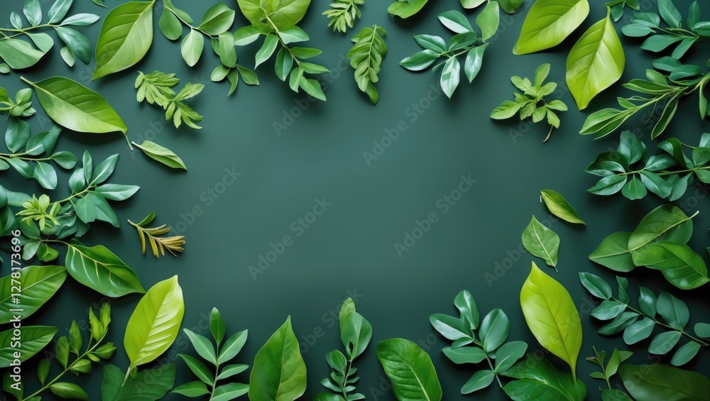 Poster various green leaves arranged around a dark background creating a natural frame concept.