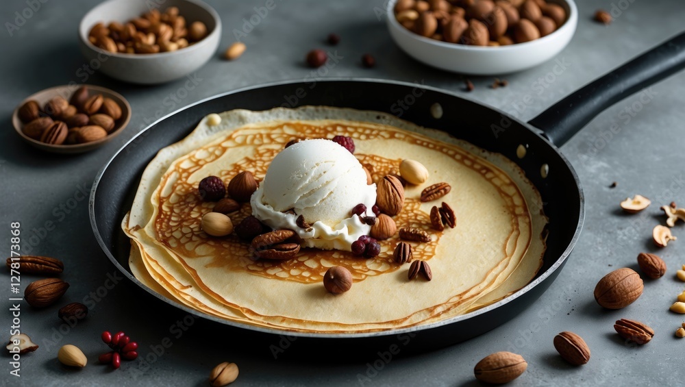 Poster pancakes with ice cream and assorted nuts in a frying pan on a textured surface with scattered nuts 