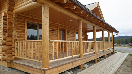 Obraz premium Rustic log cabin with wooden porch and scenic mountain view in serene outdoor setting