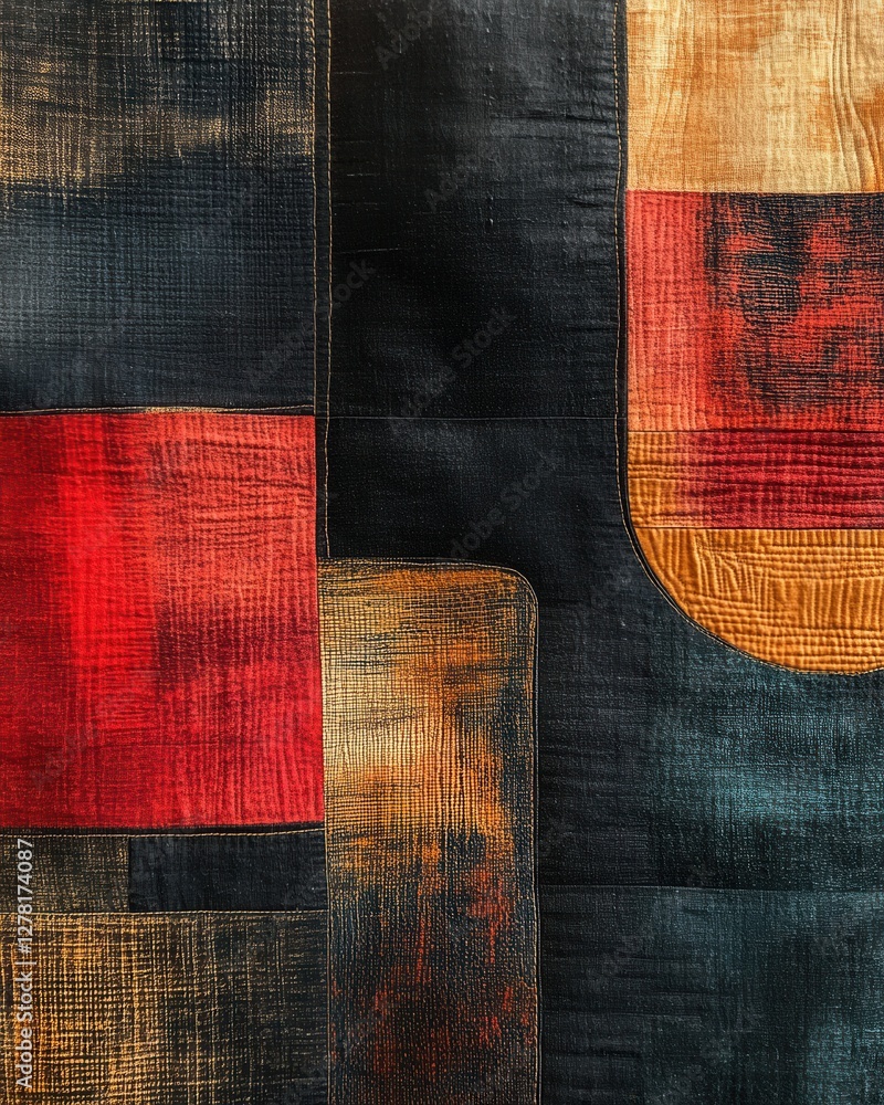 Aufkleber abstract textile art with geometric shapes in red black and gold creating a modern and artistic desi