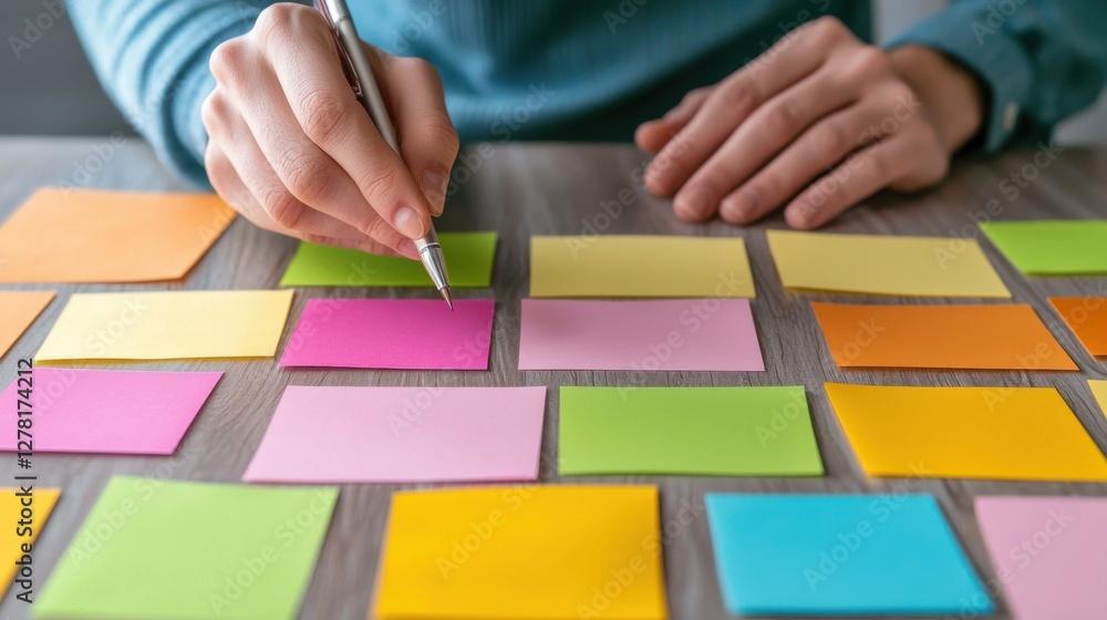 Poster a person is writing on a colorful sticky note, surrounded by various other notes, showcasing an orga