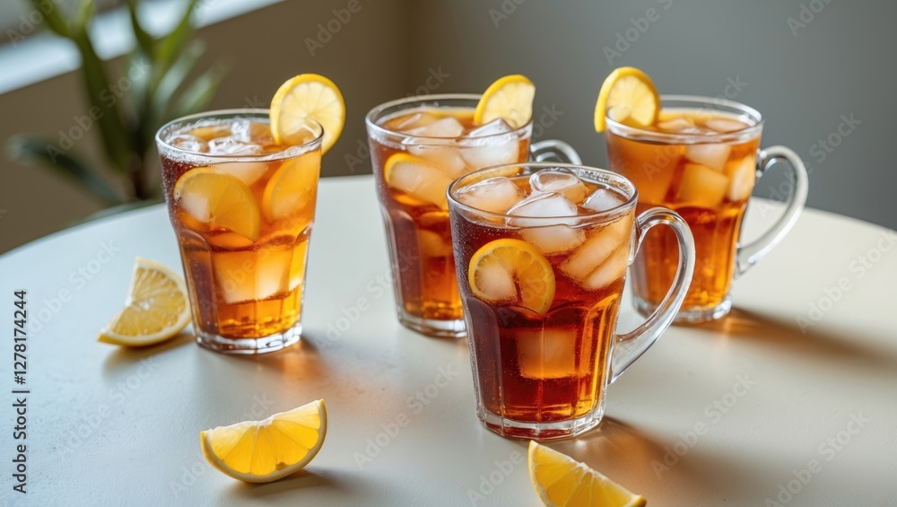 Poster iced tea with lemon slices in four glass cups with ice on a light surface surrounded by lemon wedges
