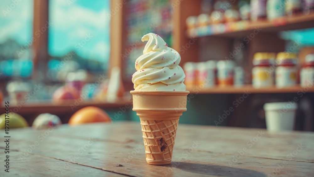 Aufkleber soft serve ice cream cone with colorful sprinkles displayed on rustic wooden table in a vibrant merc