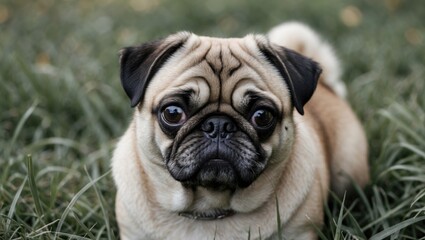 Fototapeta premium Pug dog with distinctive facial features resting in lush green grass during daylight outdoors