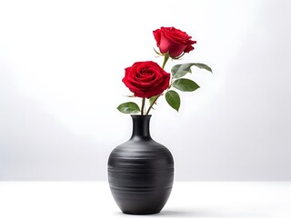 Two Red Roses in a Black Vase Against a White Background