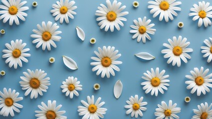 White daisies with yellow centers arranged on a light blue background flat lay composition with scattered petals and buds.