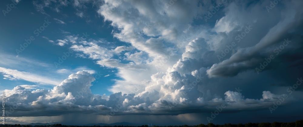 Poster dramatic cloud formations against a blue sky with sunlight and shadow creating depth and texture in 