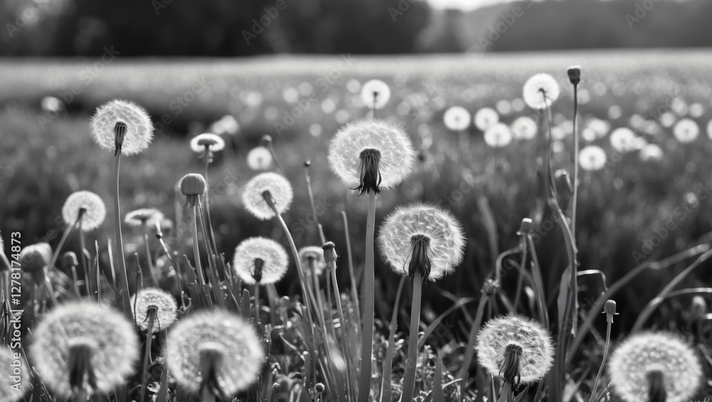 Poster field of dandelion seeds in black and white with a blurred background creating a soft focus effect i
